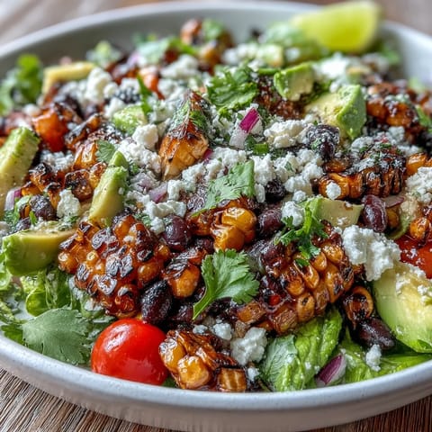 Vibrant grilled corn and black bean taco salad bursting with fresh flavors and lime dressing.