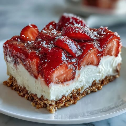 Red, white, and blue strawberry pretzel salad dessert glistening brightly.