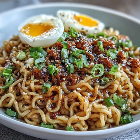 A steaming bowl of viral garlic butter ramen with glossy noodles coated in rich, savory sauce and topped with sliced green onions and a soft-boiled egg.