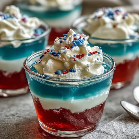 Fruity 4th of July Firecracker Jello Shots (Alcohol-Free) ready for festive red, white, and blue enjoyment.