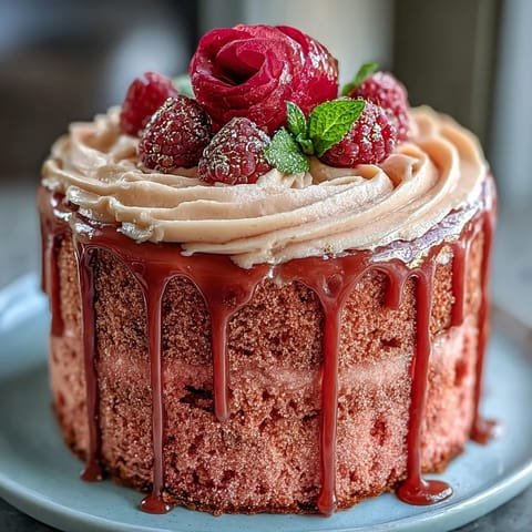 Elegant Rosé Velvet Cake with shimmering gold drip, perfect for bridal showers.