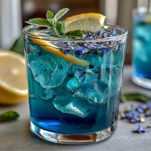 A magical butterfly pea flower lemonade drink transforming from blue to purple.