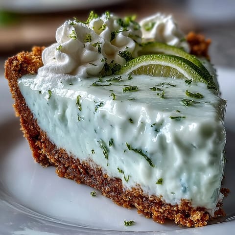 Creamy no-bake key lime pie with graham cracker crust, topped with whipped cream.