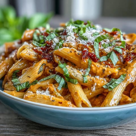 Creamy spicy vodka pasta with fresh basil, a vibrant Italian-American dinner.