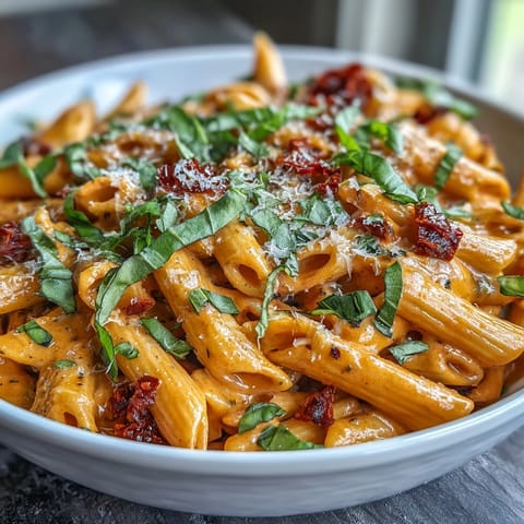 A skillet of delicious spicy vodka pasta, ready to be served immediately.