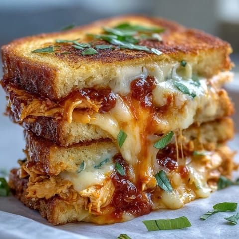 Golden brown buffalo chicken grilled cheese sandwich, ready to be devoured.