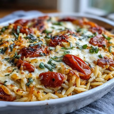 Close-up of Tomato Basil Baked Orzo, showing tender pasta and fresh herbs ready to enjoy.