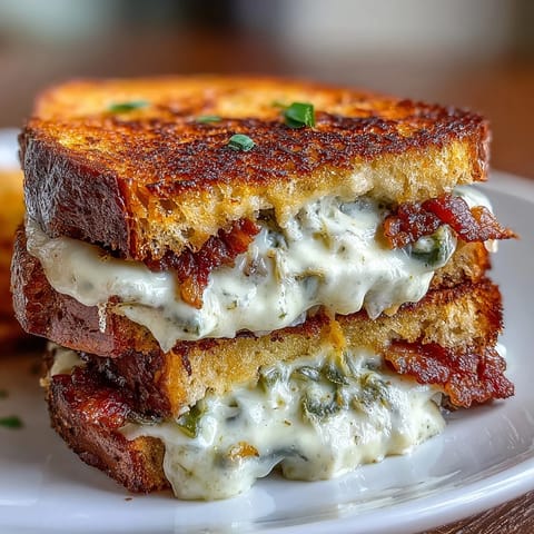 Golden Jalapeño Popper Grilled Cheese with melted cheese oozing outwards.