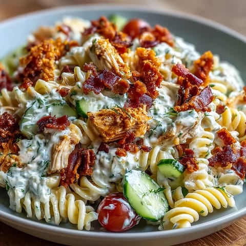 Creamy Chicken Bacon Ranch Pasta Salad topped with fresh chives, perfect for potlucks.