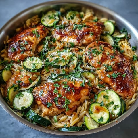 Bright one-pan lemon chicken and zucchini orzo with fresh herbs and creamy sauce.