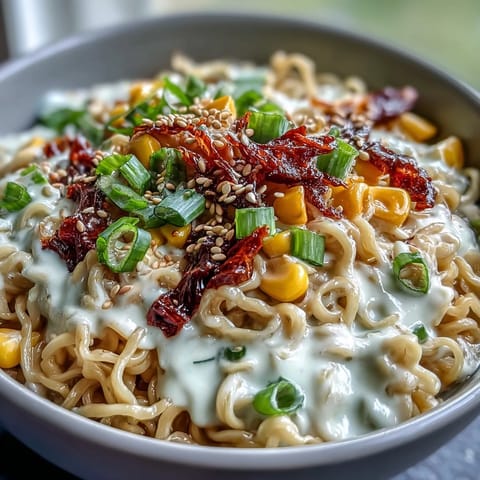 A steaming bowl of Creamy Corn Buldak Ramen, perfect for a spicy comfort meal.