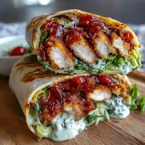 Tender, saucy Crispy Chicken Buldak Caesar Wrap on a plate.