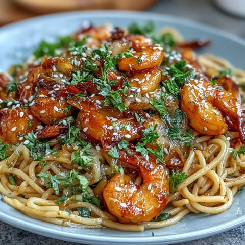 Spicy Garlic Butter Shrimp Buldak Pasta, showcasing tender noodles tossed in sauce.