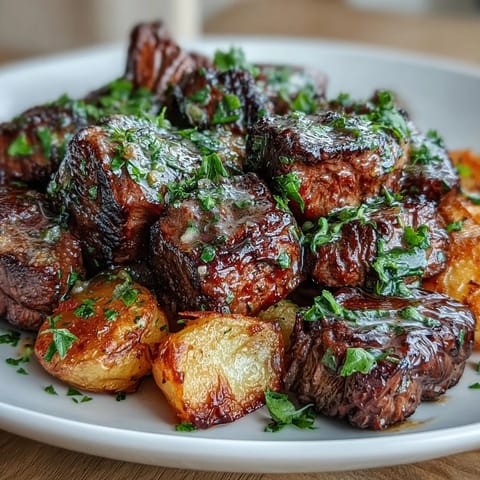 Golden garlic butter steak bites with crispy roasted potatoes, a flavorful American classic.