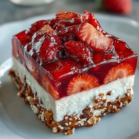 Close-up of refreshing strawberry pretzel jello salad, highlighting fresh berries and crust.