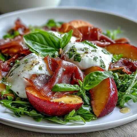 Summery Peach Burrata Prosciutto Salad with creamy burrata and sweet peaches.