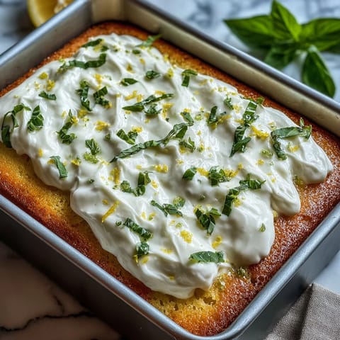 Moist Lemon Basil Poke Cake with fresh basil whipped topping, bright and refreshing.