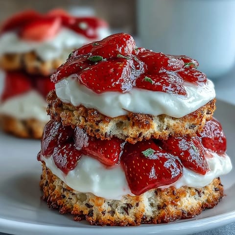 Visually striking black sesame shortcake with vibrant strawberries and fluffy whipped cream.