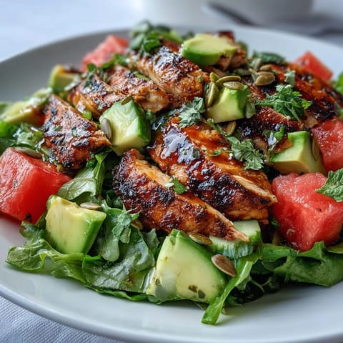 Vibrant chili lime watermelon chicken salad with fresh diced watermelon and grilled chicken.