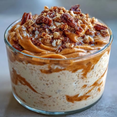 Pumpkin cheesecake overnight oats with creamy texture and autumn spice toppings.