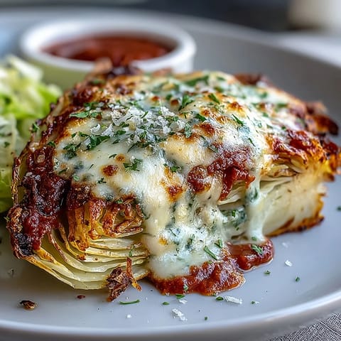 A delicious Crispy Cabbage Parmesan Melt with melted mozzarella, fresh basil garnish.
