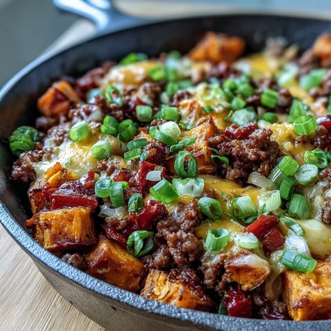 Cheesy sweet potato cheeseburger skillet with melted cheddar, ready for serving.