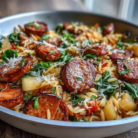 Apple chicken sausage orzo dish with vibrant vegetables and melted cheese.