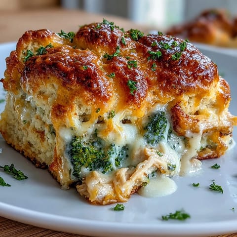Golden-brown Broccoli Cheddar Chicken Biscuit Casserole baked with fluffy biscuits.