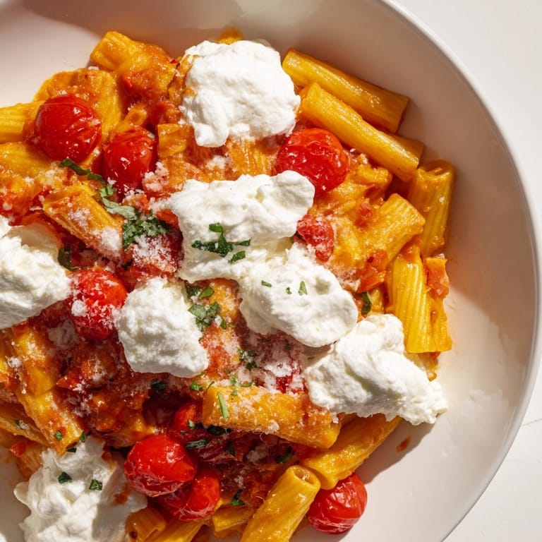 Hot Weeknight Baked Ziti, a simple dinner with sweet tomatoes and creamy ricotta.