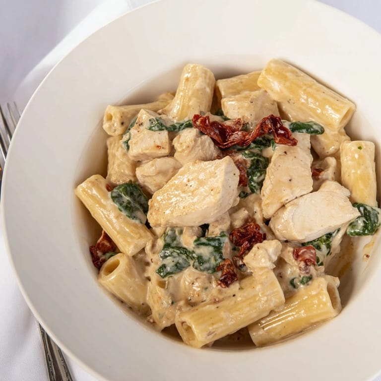 Spinach brightens Creamy Tuscan Chicken Pasta; view shows tender chicken, perfectly sauced pasta dish.