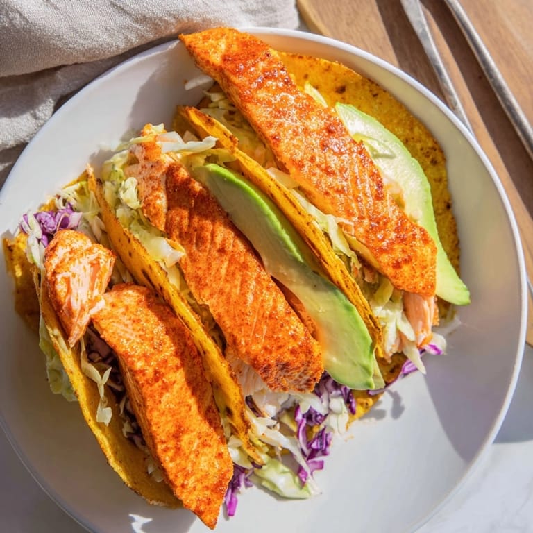 Savory Cajun Salmon Tacos: Pan-seared salmon, creamy avocado, and cool slaw piled high.