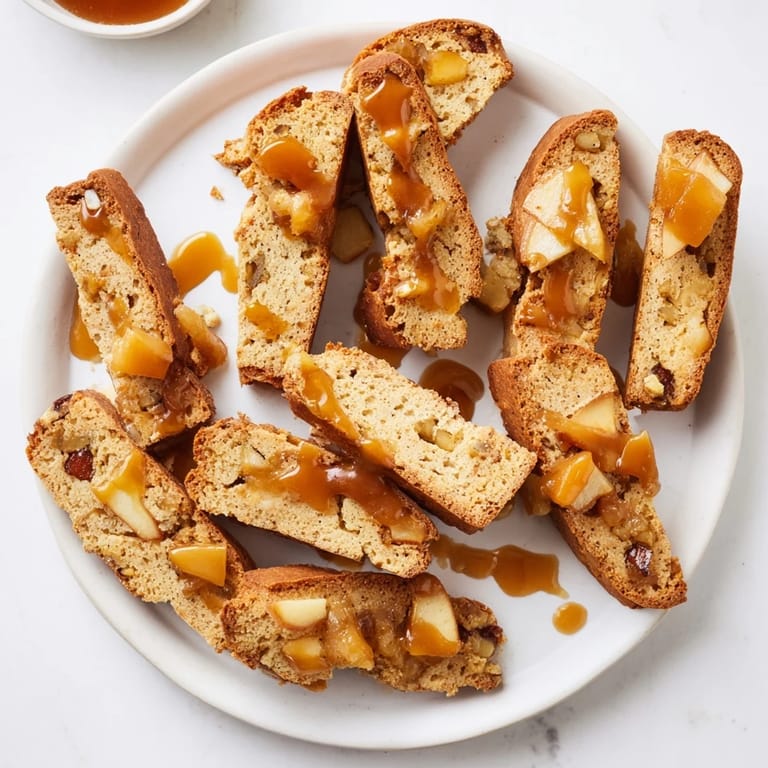 Warm, golden Caramel Apple Biscotti Dunkers, featuring dried apples and caramel for indulgence.