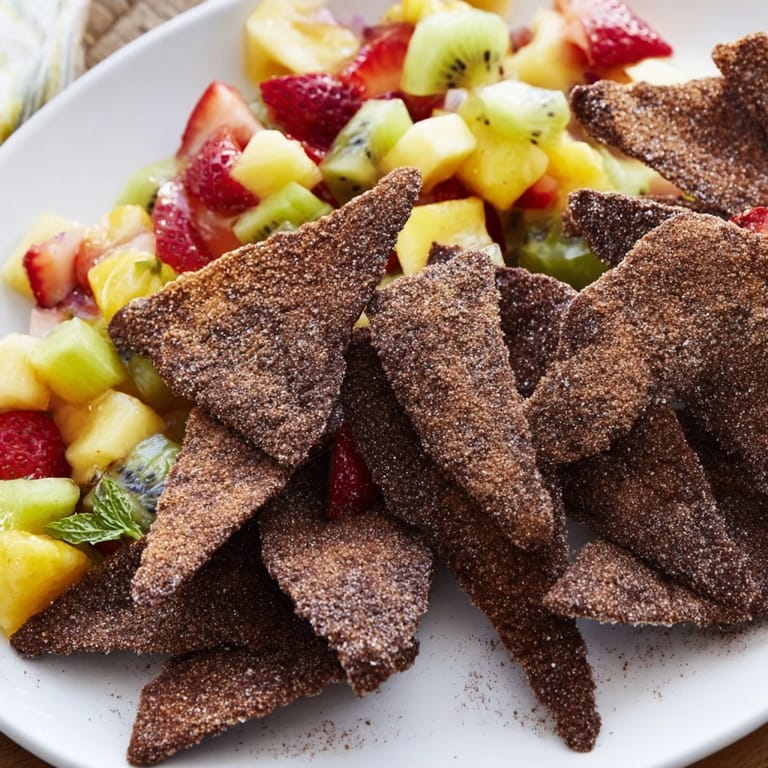Sweet and crunchy Dessert Chips & Salsa served with a colorful tropical fruit salsa.