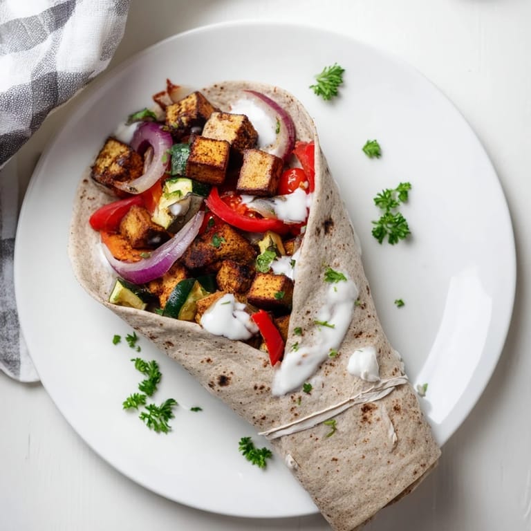 Satisfying Vegan Viral Recipe re-make on whole wheat wraps, drizzled with creamy tahini sauce.