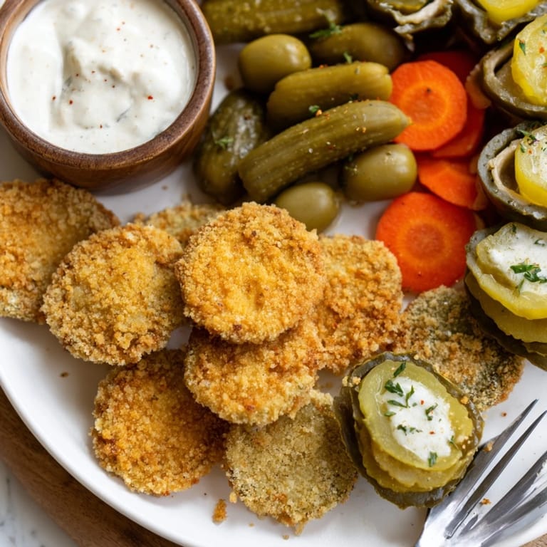 Tangy pickle lovers meal featuring deep-fried pickles and vibrant pickled vegetables.