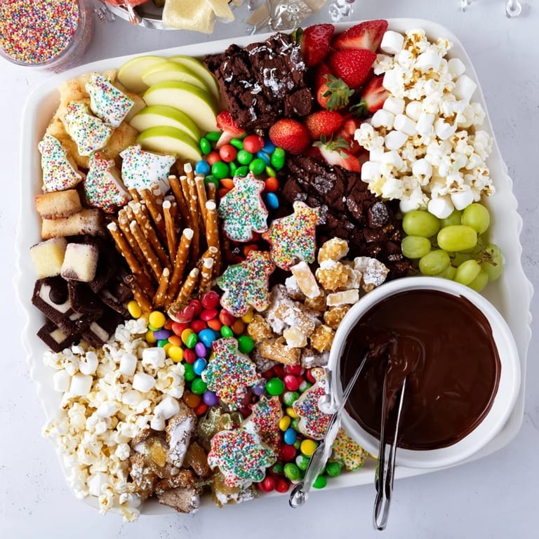 Artfully arranged dessert board featuring sweets, chocolates, and fresh fruits for sharing.