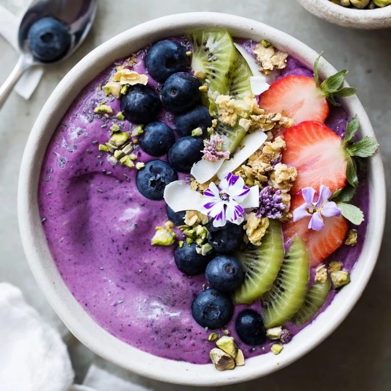 Fresh berries and crunchy toppings atop a creamy Vibrant Smoothie Bowl for a nutritious treat.  