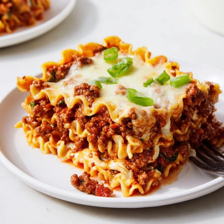 Golden-brown top of ramen lasagna, infused with flavors of tomato and spice.  