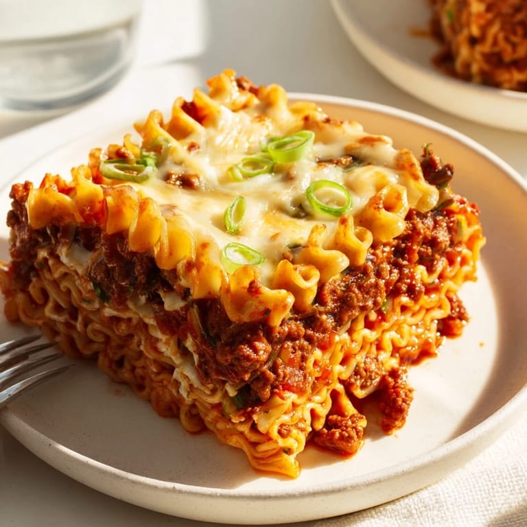 Sizzling spicy ramen lasagna served hot, garnished with fresh green onions.
