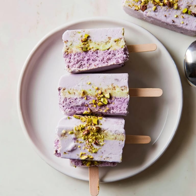 Colorful ube and rich pistachio ice cream bars, perfect for summer gatherings or desserts.  