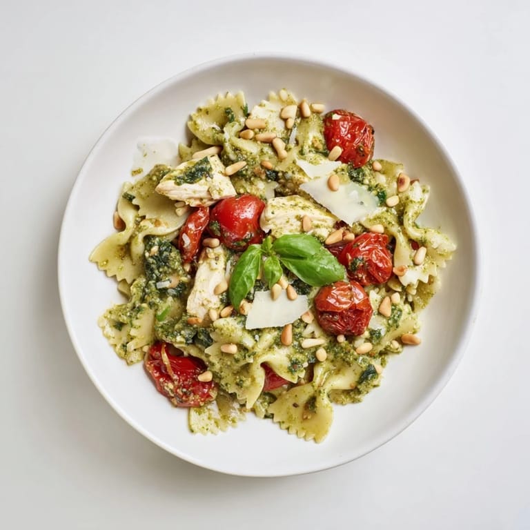 Delicious pesto chicken bowtie pasta surrounded by tender cherry tomatoes and spinach.