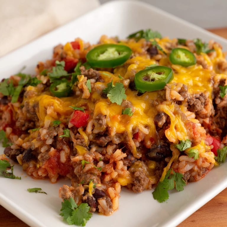 A close-up of a bubbly Tex-Mex Beef & Rice Casserole, showcasing the texture of cheese and flavorful ingredients.