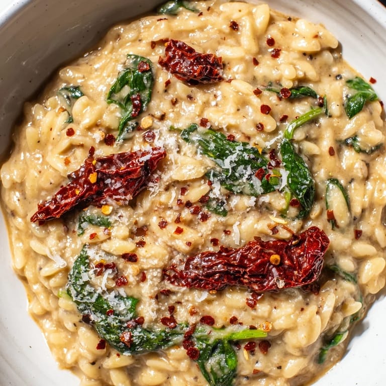 Delicious Creamy Tuscan Orzo Bowl, simmered to perfection, ready to serve with a sprinkle of cheese.
