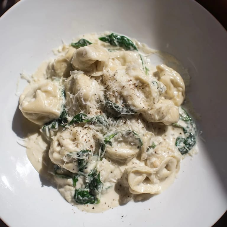 This delicious Creamy Spinach Alfredo Tortellini recipe features a glistening, creamy sauce ladled over pasta.