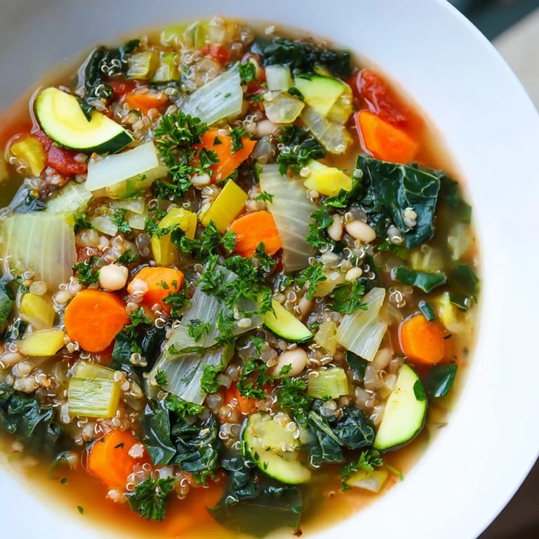 Close-up of the flavorful Minestrone with Quinoa, showcasing fresh winter greens and vegetable medley.