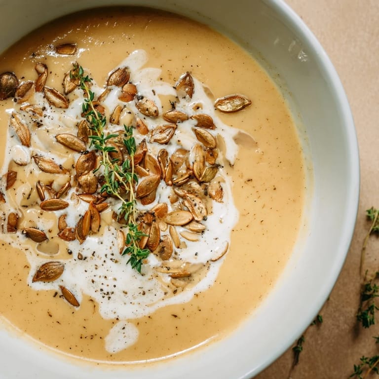 Rich and flavorful creamy roasted acorn squash soup, garnished with pepitas and fresh thyme, steaming.