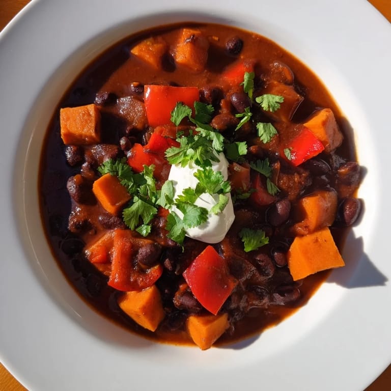 Warm and flavorful Sweet Potato & Black Bean Chili simmering in a pot, ready to enjoy.