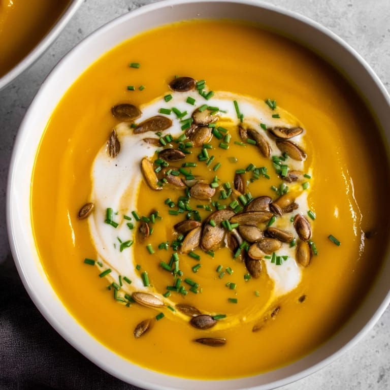 Steaming hot butternut squash & pear soup, a delicious comfort food for fall gatherings.