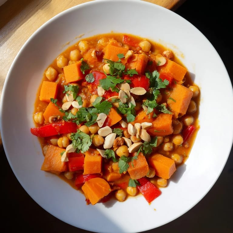 Bright, comforting Moroccan Chickpea & Sweet Potato Tagine, with hints of cilantro and almonds.
