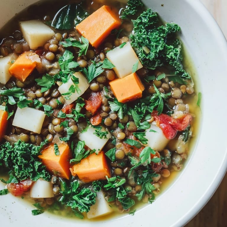 Warm, flavorful Winter Vegetable & Lentil Soup with vibrant vegetables, ready to be served and enjoyed.